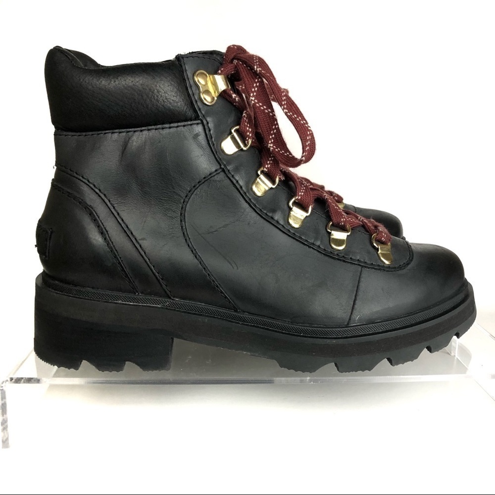 Sorel Women Lennox Hiker STKD Waterproof Black Leather Lace Up Boots Sz 7